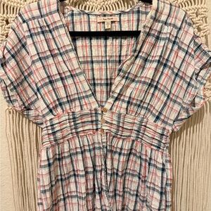 Free People Rouched Blouse Size 8 | Multicolor Plaid Ivory Blue Pink Vintage